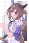  1girl admire_vega_(umamusume) alternate_hairstyle animal_ears arm_up blurry blurry_background blush border breasts brown_hair hair_bun highres horse_ears horse_girl horse_tail looking_at_viewer looking_back outside_border parted_lips purple_eyes purple_shirt raised_eyebrows sailor_collar satomachi school_uniform shirt short_hair short_sleeves skirt small_breasts solo sweatdrop tail tail_through_clothes tracen_school_uniform umamusume upper_body white_skirt 