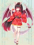  1girl :d black_footwear black_hair bow breasts candy_apple copyright_request dragon_girl dragon_horns dragon_tail floral_print flower food full_body gradient_hair hair_bow hair_flower hair_ornament highres holding holding_food horns japanese_clothes kimono long_hair long_sleeves medium_breasts multicolored_hair nail_polish obi official_art pinching_sleeves ponytail print_kimono red_bow red_eyes red_flower red_hair red_kimono red_nails red_wings sash shikito sleeves_past_wrists smile solo standing standing_on_one_leg tail very_long_hair wide_sleeves wings zouri 