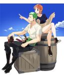  1boy 1girl bare_arms barrel beer_mug black_pants blue_skirt blue_sky brown_footwear brown_hair cloud cloudy_sky collarbone commentary_request crossed_legs cup earrings full_body green_hair highres holding holding_cup holding_map jewelry katana looking_to_the_side map mug nami_(one_piece) one_piece open_mouth orange_hair outdoors pants pointing pointing_to_the_side roronoa_zoro sheath sheathed shirt short_hair short_sleeves single_sidelock sitting skirt sky sword ususmomo weapon white_shirt wooden_box 