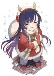  1girl antlers beret black_hair blush closed_eyes fringe_trim full_body gradient_hair hat holding holding_sack juliet_sleeves kantai_collection long_hair long_sleeves matsuwa_(kancolle) mittens multicolored_hair one-hour_drawing_challenge open_mouth puffy_sleeves red_footwear red_mittens reindeer_antlers sack santa_costume scarf shoes simple_background smile solo standing white_background white_headwear white_scarf yamashichi_(mtseven) 