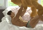  1boy abs alternate_body_size bara bright_pupils couch green_male_underwear haikyuu!! highres holding holding_stuffed_toy iwaizumi_hajime male_focus male_underwear muscular muscular_male nipples on_couch open_mouth pectorals photo-referenced simonsuke smile stuffed_animal stuffed_toy teddy_bear underwear window yellow_eyes 