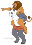  anthro barefoot bear clothed clothing duo embrace feet felid feralcatalyst giant_panda hi_res lion male male/male mammal pantherine pawpads paws riding riding_on_back romantic romantic_couple underwear underwear_only 