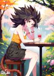  1girl artist_name bar_stool bare_shoulders black_hair commission day dragon_ball flower forest highres holding jewelry monkey_tail nature pendant saiyan sitting solo spiked_hair stool tail 