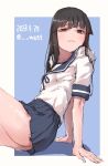  1girl black_hair blue_sailor_collar blue_skirt blunt_bangs brown_eyes cowboy_shot dated hatsuyuki_(kancolle) highres hime_cut kantai_collection long_hair looking_at_viewer n-mori one-hour_drawing_challenge pleated_skirt sailor_collar sailor_shirt school_uniform serafuku shirt skirt solo twitter_username white_shirt 