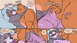  anthro bear bed bodily_fluids bovid bovine breasts bulge cattle chubby_anthro chubby_female chubby_male comic duo english_text face_lick female furniture genital_fluids gingerlybreadart kissing licking looking_pleasured male male/female mammal orgasm_control precum profanity text tongue tongue_out 
