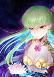  1girl absurdres breasts budgiepon c.c. chest_jewel cleavage code_geass collarbone commentary earrings elbow_gloves expressionless eyelashes fate/grand_order fate_(series) flower gloves green_hair hair_between_eyes hair_spread_out highres holding holding_flower jewelry kama_(fate) long_hair medium_breasts midriff night nose parted_lips sky solo sparkle star_(sky) starry_sky very_long_hair white_lotus yellow_eyes 