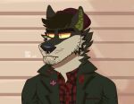  2018 acidwuff anthro artist_logo beard bust_portrait canid clothed clothing dated facial_hair facial_piercing front_view fur green_body green_clothing green_fur green_jacket green_topwear jacket logo male mammal mouth_closed nose_piercing piercing portrait red_clothing red_topwear septum_piercing simple_background solo tan_body tan_fur topwear 