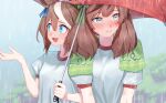  2girls absurdres blue_eyes blush brown_hair ear_piercing green_towel grey_eyes gym_shirt high_ponytail highres holding holding_umbrella long_hair looking_to_the_side medium_hair multicolored_hair multiple_girls nice_nature_(umamusume) piercing rain red_umbrella shirt short_sleeves streaked_hair tamayume tokai_teio_(umamusume) tracen_training_uniform two-tone_hair umamusume umbrella upper_body white_hair white_shirt 