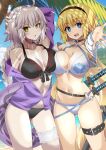  2girls bikini black_bikini black_hairband blonde_hair blue_eyes blue_jacket braid breast_press breasts fate/grand_order fate_(series) front-tie_bikini_top front-tie_top hairband highres hood hooded_jacket jacket jeanne_d&#039;arc_(fate) jeanne_d&#039;arc_(swimsuit_archer)_(fate) jeanne_d&#039;arc_alter_(fate) jeanne_d&#039;arc_alter_(swimsuit_berserker)_(fate) large_breasts long_braid long_hair looking_at_viewer multiple_girls navel o-ring o-ring_bikini single_braid smile swimsuit thigh_strap white_bikini white_hair xiafuizui yellow_eyes 