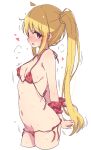  1girl ahoge arms_behind_back bikini blonde_hair blush bocchi_the_rock! breasts covered_nipples cropped_legs heart highres ijichi_nijika long_hair looking_at_viewer medium_breasts mel_(melty_pot) micro_bikini open_mouth red_bikini red_eyes side-tie_bikini_bottom side_ponytail simple_background solo swimsuit untied_bikini very_long_hair white_background 