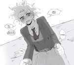  1boy @_@ blush clenched_hands clenched_teeth collared_shirt danganronpa_(series) danganronpa_3_(anime) from_below highres hope&#039;s_peak_academy_school_uniform komaeda_nagito lapels layered_sleeves long_sleeves male_focus messy_hair necktie school_uniform seumol_sx shirt short_hair short_necktie solo spot_color suit_jacket sweat teeth through_wall upper_body vest wavy_hair 