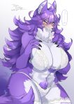  anthro big_breasts bra breasts canid canine canis clothing female fur hair hi_res lemoco mammal multicolored_hair panties purple_body purple_fur solo two_tone_hair underwear wolf 