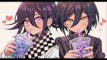  2boys absurdres arrow_through_heart black_hair black_jacket blush checkered_clothes checkered_scarf cup danganronpa_(series) danganronpa_v3:_killing_harmony disposable_cup flipped_hair hair_between_eyes heart highres holding holding_cup jacket long_sleeves multiple_boys oma_kokichi pink_eyes portrait saihara_shuichi scarf short_hair striped striped_jacket urami0310 white_background yellow_eyes 