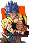  1boy abs absurdres blood blood_from_mouth blood_on_face blue_eyes blue_hair blue_sash dragon_ball dragon_ball_super gogeta highres male_focus metamoran_vest muscular muscular_male open_clothes open_vest pants pectorals relio_db318 sash spiked_hair super_saiyan super_saiyan_blue veins vest white_pants 