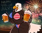  4th_of_july absurd_res accipitrid accipitriform alcohol anthro avian bald_eagle beak beer beer_mug beverage big_breasts bikini bird breasts brown_body brown_feathers clothed clothing dubindore eagle feathers female fireworks flag_bikini hi_res non-mammal_breasts open_beak open_mouth partially_clothed sea_eagle solo stars_and_stripes swimwear tail_feathers thick_thighs united_states_of_america 