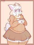  anthro antlers beignet_(dofunut) belly big_breasts biped black_nose blue_body blue_fur blush blush_lines bottomwear breasts brown_bottomwear brown_clothing brown_skirt cleavage_cutout clothed clothing coffee_cup container countershade_face countershade_fur countershade_legs countershade_tail countershade_torso countershading cup deer digital_media_(artwork) female footwear fully_clothed fur hair hi_res holding_coffee_cup holding_container holding_cup holding_object horn keyhole_turtleneck legwear looking_at_viewer mammal mouth_closed new_world_deer orange_clothing orange_footwear orange_legwear orange_socks orange_sweater orange_thigh_highs orange_thigh_socks orange_topwear overweight overweight_anthro overweight_female pear-shaped_figure pixcello portrait red_eyes reindeer scarf scut_tail shaded short_tail signature simple_background skirt snout socks solo standing sweater tail tan_background tan_scarf thigh_highs thigh_socks three-quarter_portrait three-quarter_view topwear turtleneck white_body white_countershading white_fur white_hair wide_hips 