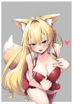  1girl animal_ears antenna_hair bare_shoulders blonde_hair breasts cleavage fox_ears fox_tail green_eyes heart highres large_breasts long_hair single_thighhigh solo tail thighhighs tsurumaki_maki voiceroid zooanime 