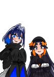  2girls abigail_williams_(fate) abigail_williams_(fate)_(cosplay) absurdres black_bow black_dress blue_eyes blue_hair bow commentary cosplay crossover dress english_commentary fang fate/grand_order fate_(series) gradient_hair hair_intakes hat highres hololive hololive_english koizumi_arata long_hair looking_at_viewer meltryllis_(fate) meltryllis_(fate)_(cosplay) multicolored_hair multiple_girls ninomae_ina&#039;nis open_mouth orange_bow orange_hair ouro_kronii purple_eyes purple_hair short_hair sidelocks simple_background sleeves_past_wrists tentacle_hair tentacles very_long_hair virtual_youtuber white_background 