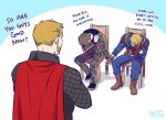  3boys artist_name avengers:_endgame avengers_(series) back beard belt black_footwear black_shirt blonde_hair blue_bodysuit bodysuit boots brown_belt brown_footwear brown_gloves brown_hair cape captain_america chair che_(cyan_crown) dated english_commentary english_text facial_hair fingerless_gloves gloves grey_jacket grey_pants hand_on_own_face hand_up holding holding_hands hood hooded_jacket jacket long_sleeves male_focus marvel marvel_cinematic_universe multiple_boys pants red_cape shadow shirt shoes short_hair simple_background sitting standing star_(symbol) steve_rogers striped thor_(marvel) tony_stark white_background 