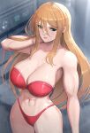  1girl abs absurdres bare_arms bare_shoulders bikini blonde_hair breasts commentary_request cowboy_shot gonzarez green_eyes highres large_breasts long_hair metroid mole mole_under_eye navel parted_lips pink_lips red_bikini samus_aran solo standing stomach strapless strapless_bikini swimsuit thighs very_long_hair 