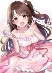  1girl blush breasts brown_eyes brown_hair cleavage dress highres idolmaster idolmaster_cinderella_girls idolmaster_cinderella_girls_starlight_stage jewelry long_hair looking_at_viewer microphone necklace open_mouth pink_dress pink_ribbon ribbon sakura_ran shimamura_uzuki skirt smile solo v 