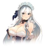  1girl apron azur_lane belfast_(azur_lane) blue_eyes blush breasts chain choker cleavage commentary elbow_gloves eyebrows_hidden_by_hair gloves hair_between_eyes hair_ribbon hand_on_own_chest hey_taisyou highres large_breasts long_hair looking_at_viewer maid maid_apron maid_headdress ribbon simple_background solo white_background white_hair 