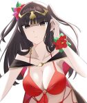  1girl bikini black_hair blunt_bangs breasts brown_eyes fire_emblem fire_emblem_awakening fire_emblem_heroes flower hair_flower hair_ornament highres large_breasts long_hair looking_at_viewer official_alternate_costume ondur7538315 parted_lips red_bikini solo swimsuit tharja_(fire_emblem) tharja_(summer)_(fire_emblem) twintails white_background 