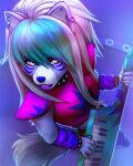  2023 5_fingers anthro arm_warmers armor armwear blue_eyes blue_nose bracelet canid canine canis clothed clothing collar ear_piercing ear_ring eyebrows eyelashes female fingers five_nights_at_freddy&#039;s five_nights_at_freddy&#039;s:_security_breach fully_clothed green_highlights grey_hair hair hi_res high-angle_view highlights_(coloring) holding_musical_instrument holding_object jewelry keyboard_instrument keytar leg_warmers legwear lipstick llaviara long_hair looking_at_viewer makeup mammal musical_instrument pauldron piercing ring_piercing roxanne_wolf_(fnaf) scottgames shirt smile solo spiked_collar spikes standing steel_wool_studios tank_top topwear wolf 