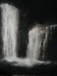  dark greyscale light mitzoka2001 monochrome no_humans original painting_(medium) pond scenery shadow traditional_media water waterfall 