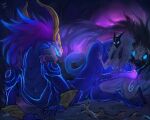  2023 absurd_res aurelion_sol_(lol) blue_body bracelet breasts digital_drawing_(artwork) digital_media_(artwork) dragon erection female fur genitals hair hand_on_penis hi_res horn jewelry kindred_(lol) lamb_(lol) laobai league_of_legends lying male mask nude on_side penis riot_games wolf_(lol) 