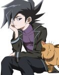  1boy black_coat black_hair bored cat coat elbow_rest feet_out_of_frame hair_between_eyes jacket long_sleeves male_focus manjoume_jun p5naq_pv pharaoh_(cat) purple_shirt shirt short_hair sideways_glance sitting spiked_hair turtleneck yu-gi-oh! yu-gi-oh!_gx 