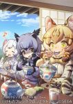  3girls animal_ear_fluff animal_ears binturong_(kemono_friends) black_hair blonde_hair blue_sky bow bowl bowtie brown_eyes brown_hair buttons cat_ears cat_girl chop chopsticks closed_eyes colored_inner_hair company_name copyright cup day double-parted_bangs drink drinking_glass eating extra_ears food food_on_face fur-trimmed_sleeves fur_trim furrowed_brow geoffroy&#039;s_cat_(kemono_friends) grey_hair hair_bow hair_ribbon holding holding_bowl holding_chopsticks holding_spoon indoors kemono_friends kemono_friends_3 long_sleeves looking_at_another mucchiri_shiitake multicolored_hair multiple_girls musical_note official_art open_mouth ribbon shaded_face shirt side-by-side sitting skirt sky smile spoon steam stoat_(kemono_friends) suspender_skirt suspenders sweat teapot two-tone_hair utensil_in_mouth wasabi wavy_mouth weasel_ears white_hair yellow_eyes 