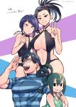  1boy 3girls :&gt; :d artist_name asui_tsuyu audio_jack black_choker black_hair black_one-piece_swimsuit blue_one-piece_swimsuit boku_no_hero_academia breasts casual_one-piece_swimsuit choker closed_mouth diagonal_bangs flat_chest glasses green_hair green_one-piece_swimsuit huge_breasts iida_tenya jirou_kyouka large_breasts long_earlobes long_hair looking_at_viewer multiple_girls muscular muscular_male navel o-ring o-ring_swimsuit ohhhhhhtsu old-fashioned_swimsuit one-piece_swimsuit open_mouth ponytail purple_hair salute short_hair slingshot_swimsuit smile striped striped_male_swimwear striped_one-piece_swimsuit swimsuit twitter_username v yaoyorozu_momo 