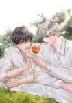  125neora 2boys black_hair collared_shirt flower highres ilay_riegrow jeong_taeui long_sleeves male_focus multiple_boys on_grass one_eye_closed parted_lips passion_(manhwa) red_flower red_rose rose shirt sleeves_rolled_up smile white_background white_hair white_shirt yaoi 