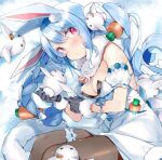  1girl animal_ear_fluff animal_ears aqua_eyes black_gloves black_pantyhose blue_hair blush braid breasts carrot_hair_ornament don-chan_(usada_pekora) dress food-themed_hair_ornament fur-trimmed_gloves fur_scarf fur_trim gloves hair_between_eyes hair_ornament hololive kibii_mocha long_hair lying medium_breasts multicolored_hair on_side pantyhose pink_hair rabbit rabbit_ears rabbit_girl scarf small_breasts thick_eyebrows twin_braids usada_pekora virtual_youtuber white_dress white_hair white_scarf 