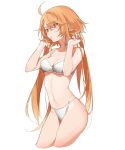  1girl ahoge bare_shoulders breasts character_request check_character cleavage cropped_jacket groin hair_tie hair_tie_in_mouth hand_in_own_hair hands_up highres long_hair mouth_hold orange_hair original panties red_eyes sidelocks simple_background small_breasts solo sports_bra tobunchudoku twintails underwear white_background white_panties 