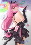  1girl ayla_(punishing:_gray_raven) backless_dress backless_outfit ban_nagi bear black_bear black_dress breasts dress from_behind holding holding_brush joints large_breasts long_hair looking_at_viewer looking_back mechanical_arms open_mouth paintbrush pink_eyes pink_hair punishing:_gray_raven rabbit_bow robot_joints sideboob signature stuffed_toy teeth upper_teeth_only 