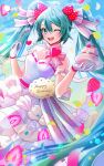  1girl absurdly_long_hair alternate_costume aqua_eyes aqua_hair bare_shoulders cake dress english_text food fork fur_collar gloves hair_between_eyes happy_birthday hatsune_miku heart highres holding holding_food holding_fork holding_plate kodukiako long_hair looking_at_viewer medium_dress off-shoulder_dress off_shoulder one_eye_closed open_mouth plate ribbon smile solo twintails twitter_username very_long_hair vocaloid white_dress white_gloves 