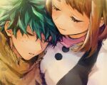  1girl bangs blurry blush bodysuit boku_no_hero_academia breasts brown_hair cape closed_eyes eyebrows_hidden_by_hair eyelashes film_grain freckles from_above green_hair hair_between_eyes happy honwaka_zz medium_breasts midoriya_izuku parted_lips short_hair sidelocks sleeping sleeping_on_person smile spoilers torn_cape torn_clothes unconscious upper_body uraraka_ochako yellow_cape 