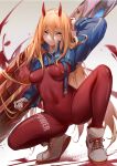  1girl arm_up blonde_hair blood bodysuit breasts chainsaw_man character_name closed_mouth commentary_request copyright_name covered_navel crossover demon_girl faicha full_body goddess_of_victory:_nikke hair_between_eyes horns huge_weapon long_bangs long_hair medium_breasts paid_reward_available power_(chainsaw_man) red_bodysuit red_horns shoes shrug_(clothing) skin_tight sneakers solo squatting thighs tiptoes very_long_hair weapon yellow_eyes 