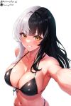  1girl averageartist beach bikini black_bikini black_hair blush breasts cleavage hololive hololive_english large_breasts long_hair looking_at_viewer multicolored_hair navel sand shiori_novella smile solo split-color_hair swimsuit virtual_youtuber water wet white_background white_hair yellow_eyes 