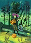  1girl black_cat black_dress black_footwear black_hair boots building cat closed_eyes commentary crescent dress english_commentary fence gargoyle gate hat highres house jack-o&#039;-lantern long_hair miacat125 microphone microphone_stand music night original road signature singing skeletal_arm skull solo street witch witch_hat 