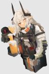  +++ alcohol arknights beer beer_mug black_gloves blush character_request closed_mouth cup gloves grey_background hair_between_eyes highres holding holding_cup horns jumpsuit long_hair long_sleeves mudrock_(arknights) mug odmised pointy_ears red_eyes simple_background sweat very_long_hair white_hair white_jumpsuit 