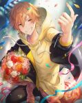  1boy blunt_bangs bouquet clothes_around_waist commentary confetti drawstring earrings flower happy_birthday highres holding holding_bouquet hood hood_down hoodie jacket jacket_over_hoodie jewelry long_sleeves looking_at_viewer male_focus multicolored_hair offtoon12 orange_hair project_sekai ribbon rose shinonome_akito shirt short_hair sleeves_past_elbows solo streaked_hair teeth two-tone_hair white_flower yellow_hoodie 
