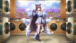  1girl ahri_(league_of_legends) ahri_(league_of_legends)_(cosplay) black_footwear black_hair blue_eyes blunt_bangs breasts cosplay fox_tail gradient_hair highres hololive hololive_english indoors k/da_(league_of_legends) k/da_ahri long_hair looking_at_viewer multicolored_hair multiple_tails ninomae_ina&#039;nis orange_hair pointy_ears purple_hair re_(re_09) shoes sidelocks small_breasts solo tail teeth tentacle_hair virtual_youtuber washing_machine 