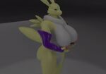  3d_(artwork) animated anthro bandai_namco big_breasts black_sclera breasts butt canid canine canis clothing digimon digimon_(species) digital_media_(artwork) female fur genitals highyenaarts mammal neck_tuft nipples nude renamon shaking_breasts simple_background solo tuft white_body white_fur yellow_body yellow_fur 