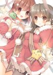  &gt;:) 2girls :d bare_shoulders black_pantyhose blunt_ends blurry blush breasts brown_eyes brown_hair christmas clannad cleavage clenched_hand closed_mouth commentary_request cowboy_shot depth_of_field dress eyes_visible_through_hair fur-trimmed_dress fur-trimmed_gloves fur-trimmed_sleeves fur_trim furukawa_nagisa gloves grey_hair hair_between_eyes hair_ornament hairclip hand_up happy haruchimo ibuki_fuuko long_sleeves looking_at_viewer medium_breasts multiple_girls neck_ribbon open_mouth paid_reward_available pantyhose pom_pom_(clothes) pom_pom_hair_ornament ribbon santa_costume santa_dress santa_gloves short_dress side-by-side sidelocks simple_background small_breasts smile standing star_(symbol) star_hair_ornament v-shaped_eyebrows white_background white_fur white_ribbon wide_sleeves 