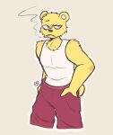  anthro bear bottomwear cigarette clothing coco_(unicorn_wars) fur hand_in_pocket male mammal mikifluffs pants pockets purple_eyes shirt smoking solo tank_top topwear unicorn_wars yellow_body yellow_fur 