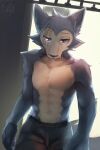  absurd_res anthro beastars black_bottomwear black_clothing black_nose black_pants bottomwear canid canine canis cheek_tuft clothed clothing facial_tuft front_view fur glistening glistening_eyes grey_body grey_eyes grey_fur head_tuft hi_res kuttoyaki legoshi_(beastars) looking_at_viewer male mammal narrowed_eyes pants simple_background solo standing tan_body tan_fur topless tuft wolf 