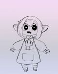  20pesos_sopa child clothing dress eyelashes fangs female full-length_portrait goblin hair humanoid long_sleeves looking_at_viewer monochrome open_mouth portrait puffy_sleeves selene_(20pesos_sopa) short_hair sketch smile solo standing teeth young 